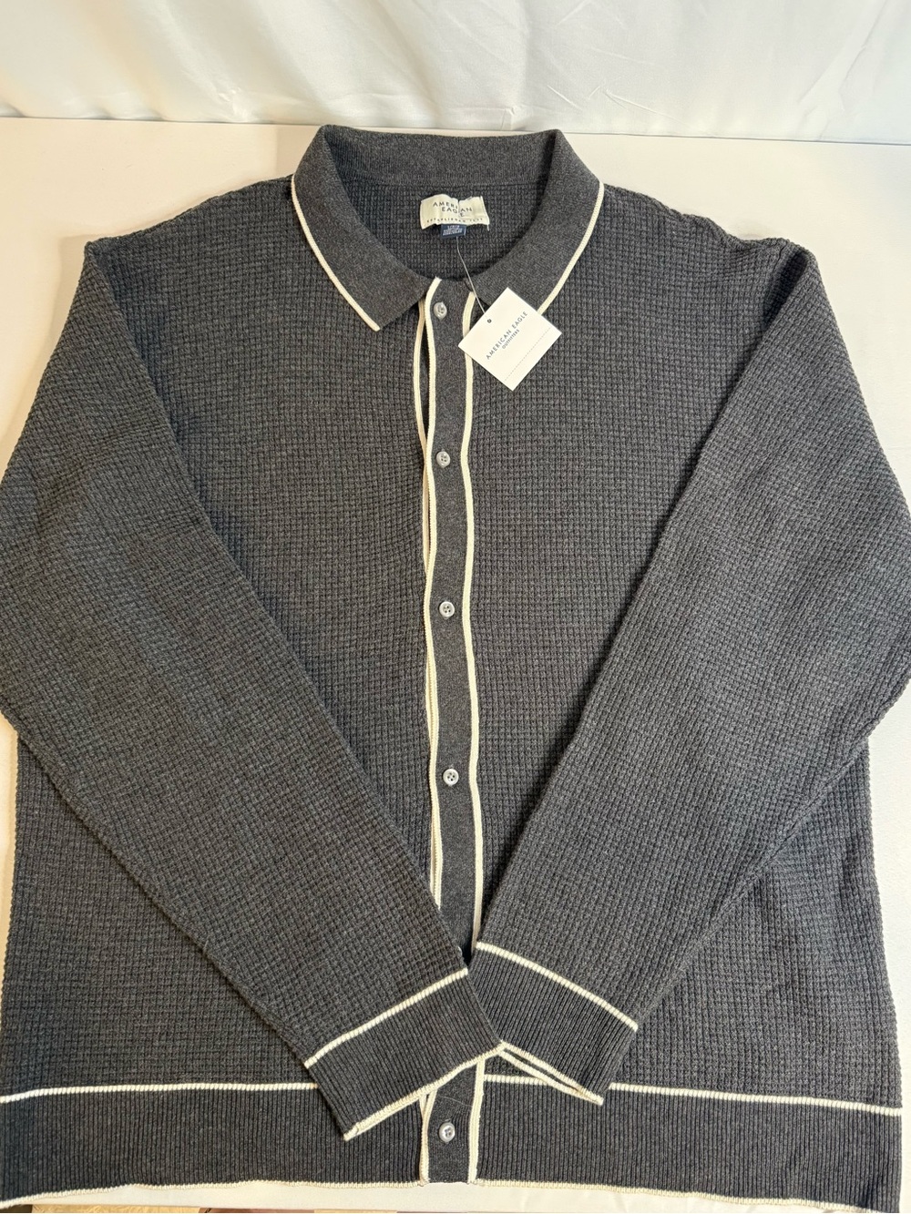 American Eagle Outfitters Charcoal Cardigan with Cream Trim